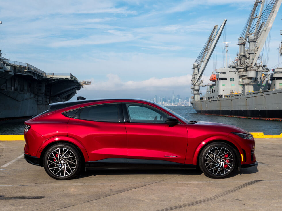 This is a Mach-E GT Performance Edition. The giveaway is the 20-inch cross-spoke wheels, which come wrapped in summer performance tires.