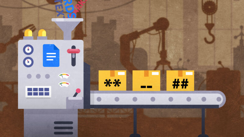 Illustration of a factory machine, with a conveyer belt moving markup characters like ** and ## into a machine with the Google Docs logo.