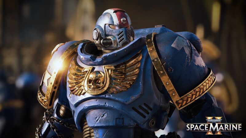 Space Marine looking to the side in a rendered image from Space Marine 2